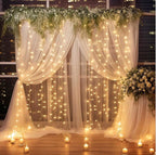 White Sheer Tulle Backdrop Curtain with Lights String- Wedding Backdrop Decorations for Reception Ceremony Home Party Photoshoot Background