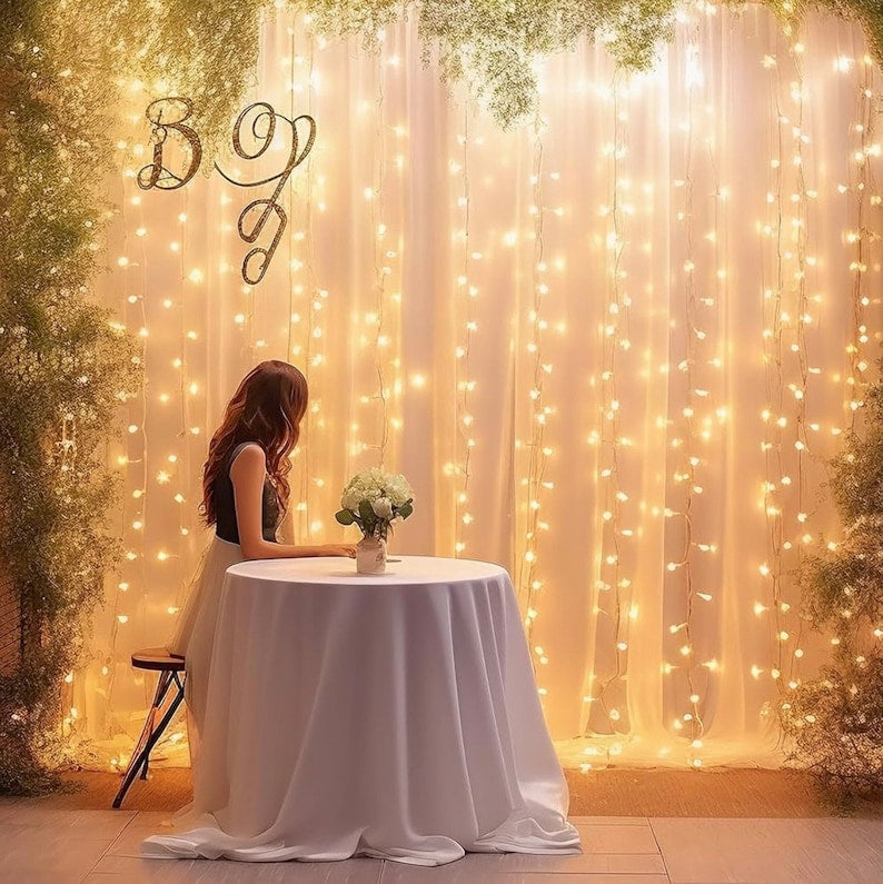 White Sheer Tulle Backdrop Curtain with Lights String- Wedding Backdrop Decorations for Reception Ceremony Home Party Photoshoot Background