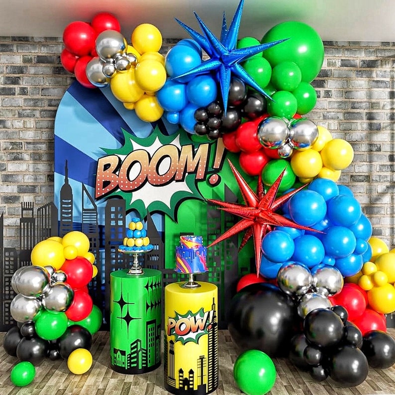 137pcs Red Blue Yellow Green Black Balloon Arch Garland Kit with  Starburst Balloons for Birthday ,Carnival , Video Game Super Balloons Arch