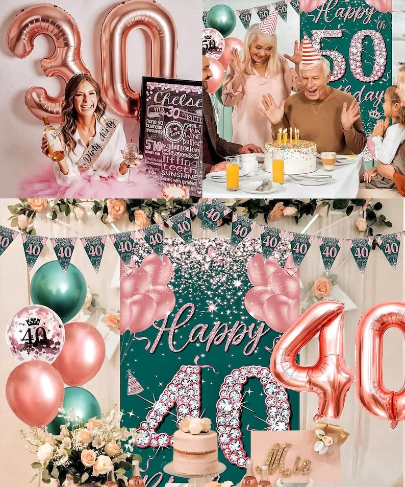 Rose Gold Green Birthday Party Decorations for 40 Years Old Women , Confetti Foil Balloons,Happy Birthday Banner for 40th Supplies Decor