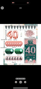 Rose Gold Green Birthday Party Decorations for 40 Years Old Women , Confetti Foil Balloons,Happy Birthday Banner for 40th Supplies Decor