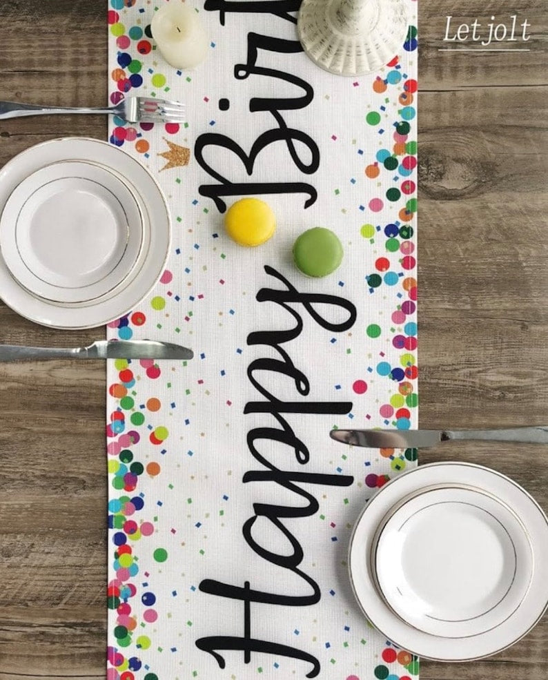 Happy Birthday Table Runner 72 Inches White Table Runner Celebrate Birthday Party Table Decor, White