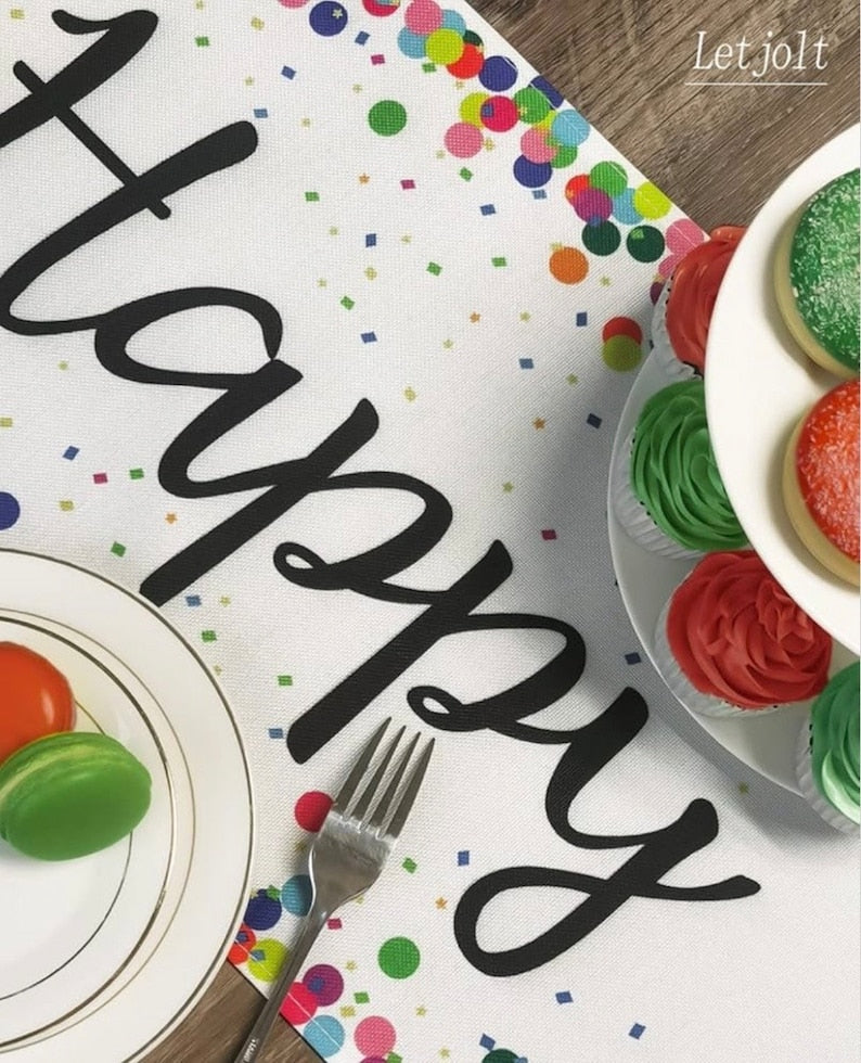 Happy Birthday Table Runner 72 Inches White Table Runner Celebrate Birthday Party Table Decor, White