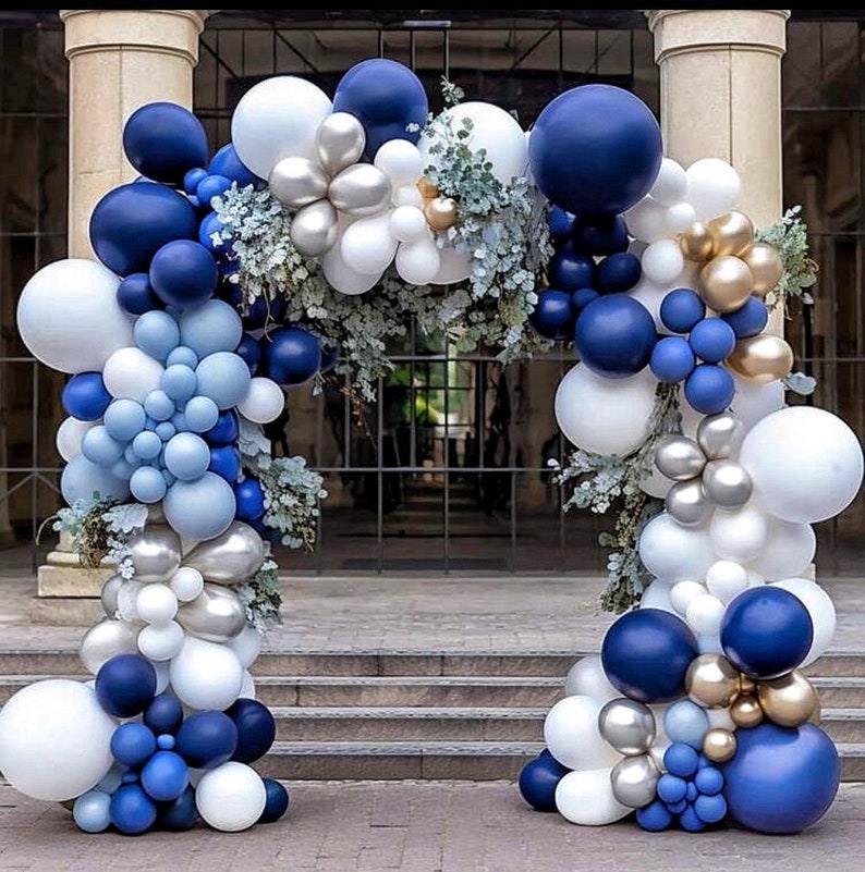 Navy Blue Balloon Garland Kit, Blue White Gold Silver Balloon Arch, Boys Birthday Baby Shower Graduation Party Decor, 128 Pcs Balloon Set