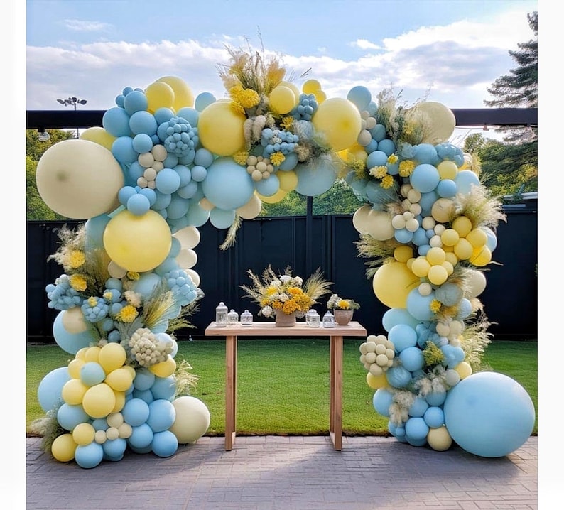 Pastel Blue Yellow Balloon Garland Double Stuffed White Sand Light Yellow Matte Balloons Macaron Baby Blue Balloon Arch Kit