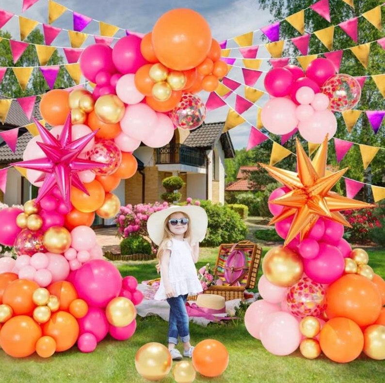 Pink Orange Balloon Garland Arch Kit, 146pcs Hot Pink Orange Metallic Gold Latex Balloons with Hot Pink and Orange Exploding Star Balloon