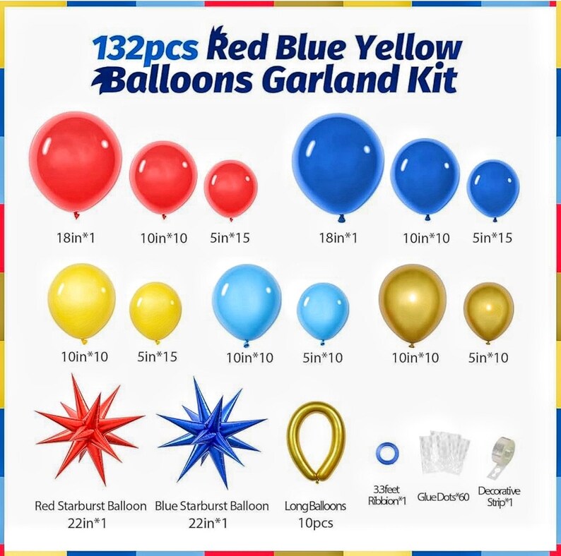 Red Blue Yellow Balloon arch kit, Carnival Red Blue Yellow Balloon Garland Latex Balloons with 2PCS 4D Star Foil Balloons for Cartoon Sonik