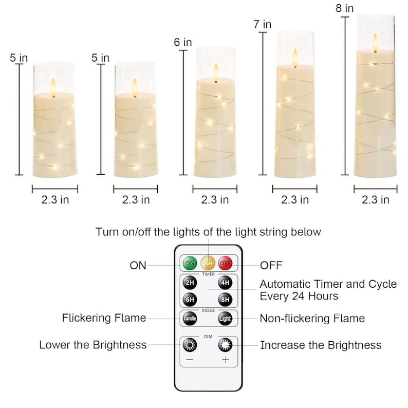 Flameless LED Candles with Embedded Star String, 5 Pcs Battery Operated Acrylic Pillar Candles with Timer and Remote, Flickering Candles