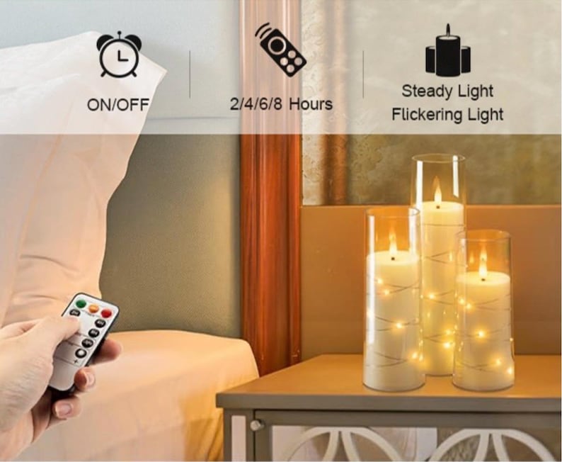 Flameless LED Candles with Embedded Star String, 5 Pcs Battery Operated Acrylic Pillar Candles with Timer and Remote, Flickering Candles
