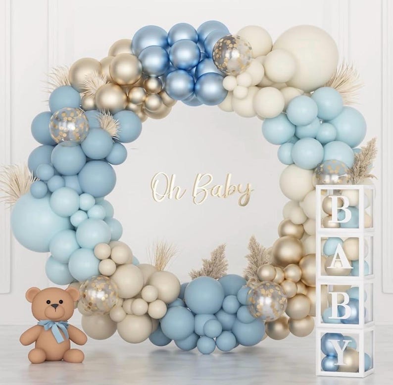 153pcs Dusty Blue Balloon Baby Shower Decorations for Boy with Baby Boxes, Blue Balloon Arch Kit Baby Boxes with Letter (A-Z+Baby)