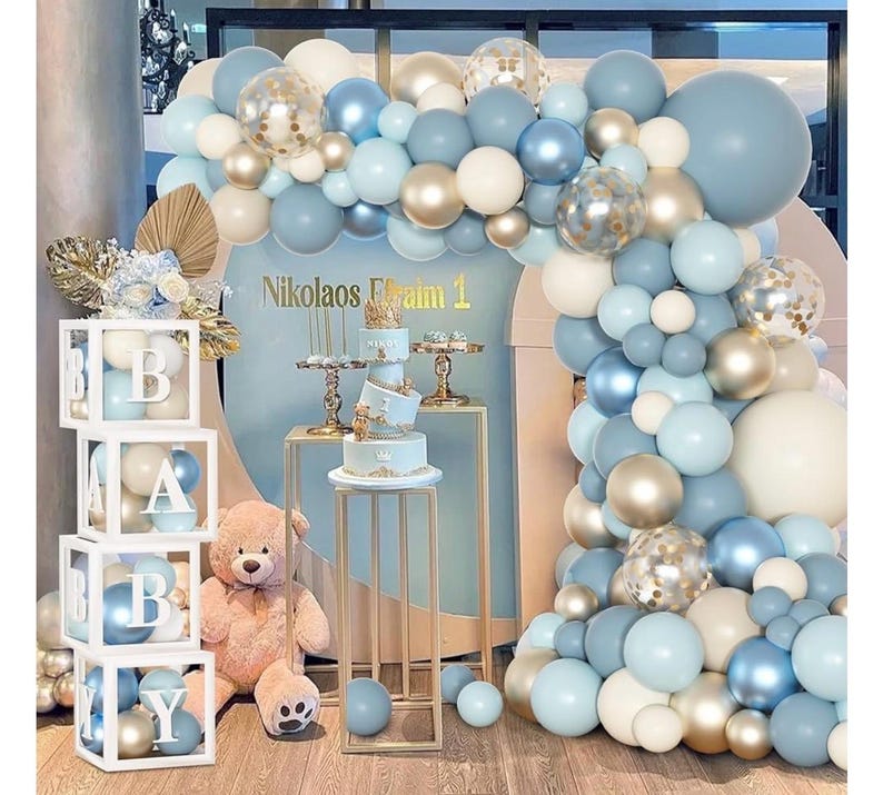 153pcs Dusty Blue Balloon Baby Shower Decorations for Boy with Baby Boxes, Blue Balloon Arch Kit Baby Boxes with Letter (A-Z+Baby)