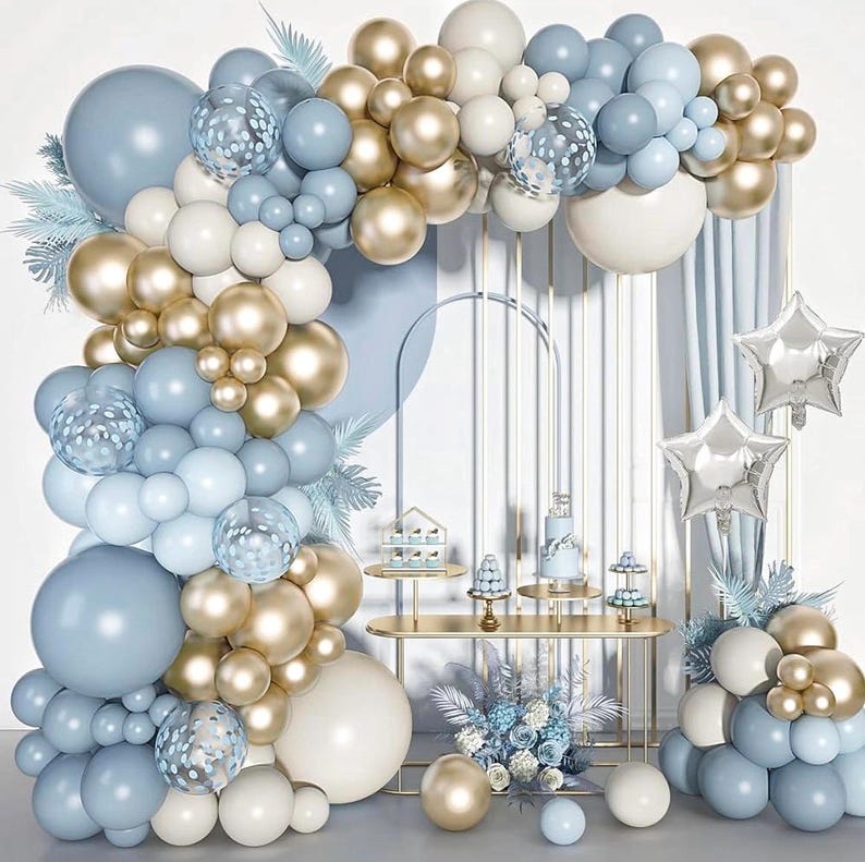Dusty Blue Balloons Arch Kit, Fog Blue Sand White Champagne Gold Latex Confetti Star Foil Balloon for Baby Bridal Shower Birthday Boho Party
