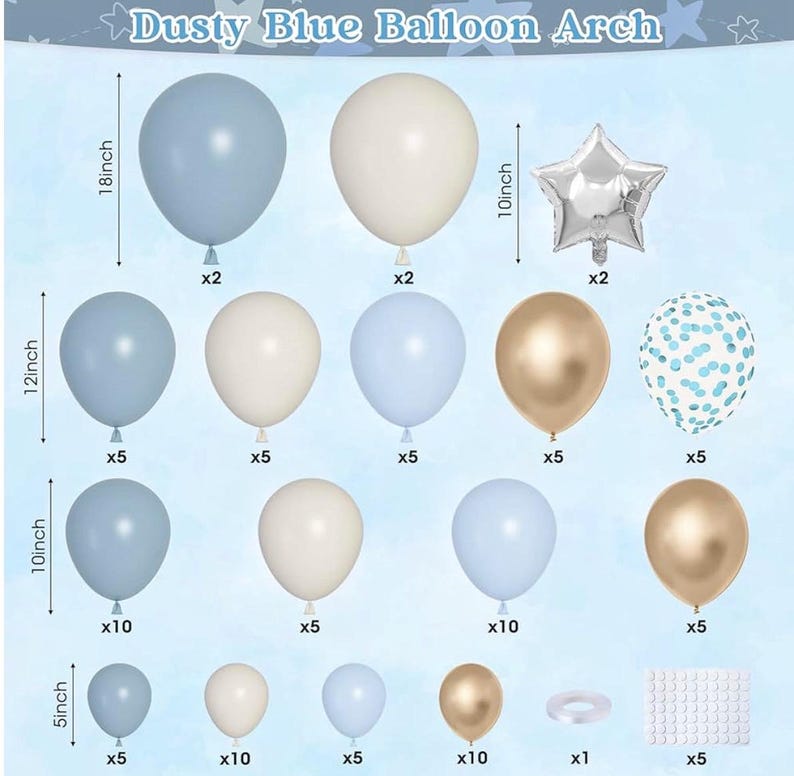 Dusty Blue Balloons Arch Kit, Fog Blue Sand White Champagne Gold Latex Confetti Star Foil Balloon for Baby Bridal Shower Birthday Boho Party