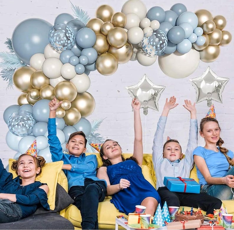 Dusty Blue Balloons Arch Kit, Fog Blue Sand White Champagne Gold Latex Confetti Star Foil Balloon for Baby Bridal Shower Birthday Boho Party