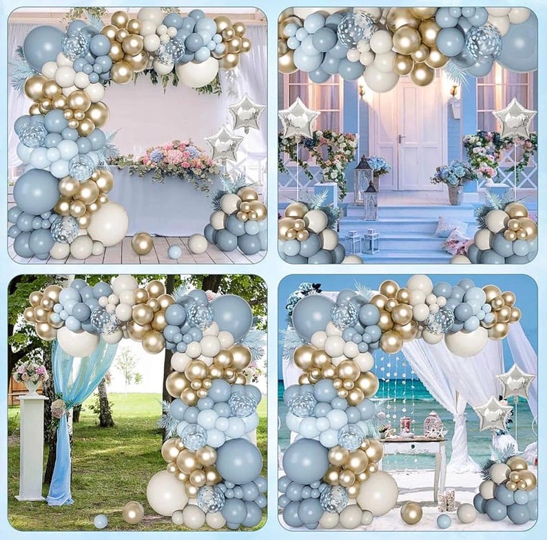 Dusty Blue Balloons Arch Kit, Fog Blue Sand White Champagne Gold Latex Confetti Star Foil Balloon for Baby Bridal Shower Birthday Boho Party