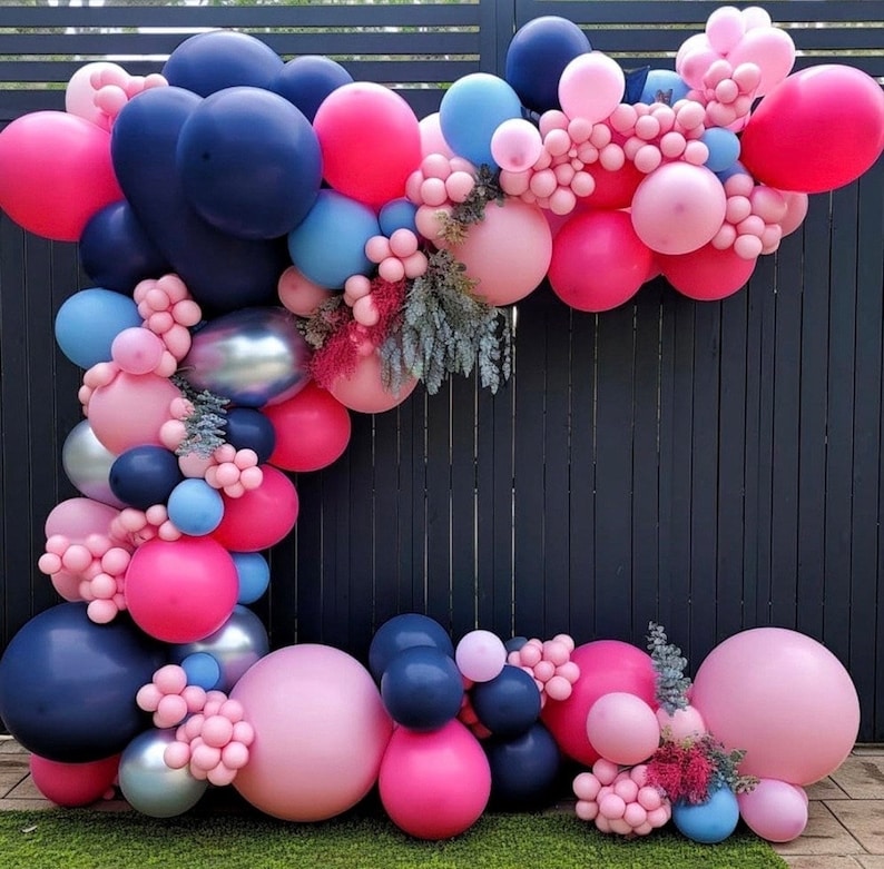 Navy Blue Pink Balloon Garland  Dark Blue Hot Pink Balloons Pastel Pink Blue Balloon Arch Kit Metallic Silver Balloons