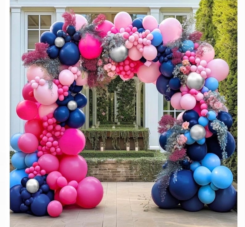 Navy Blue Pink Balloon Garland  Dark Blue Hot Pink Balloons Pastel Pink Blue Balloon Arch Kit Metallic Silver Balloons