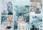 Blue Birthday Decorations - Blue Party Decor Balloons with Happy Birthday Banner Fringe Curtain Background Blue Pom Poms Light Blue Birthday