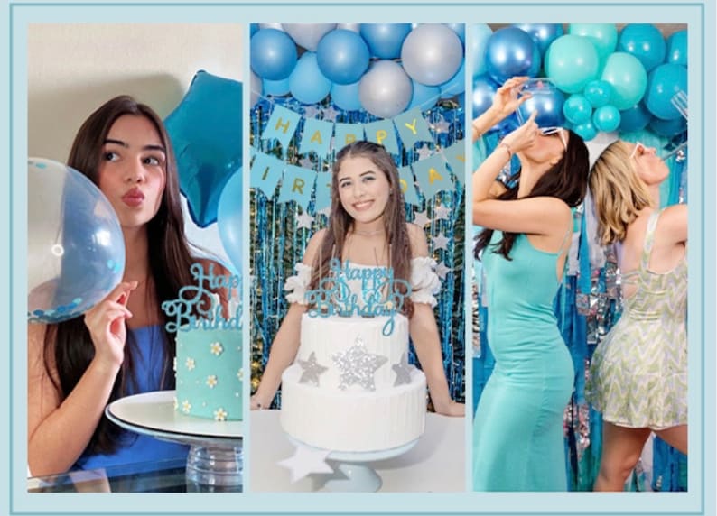 Blue Birthday Decorations - Blue Party Decor Balloons with Happy Birthday Banner Fringe Curtain Background Blue Pom Poms Light Blue Birthday