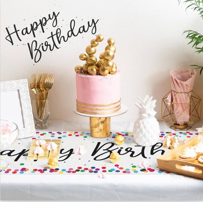 Happy Birthday Table Runner 72 Inches White Table Runner Celebrate Birthday Party Table Decor, White