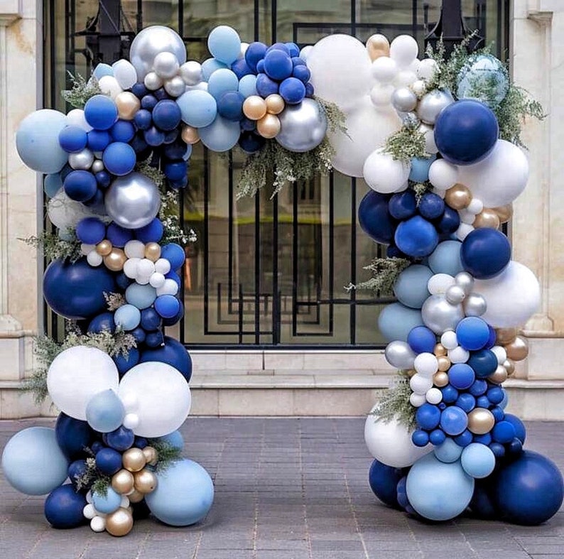 Navy Blue Balloon Garland Kit, Blue White Gold Silver Balloon Arch, Boys Birthday Baby Shower Graduation Party Decor, 128 Pcs Balloon Set