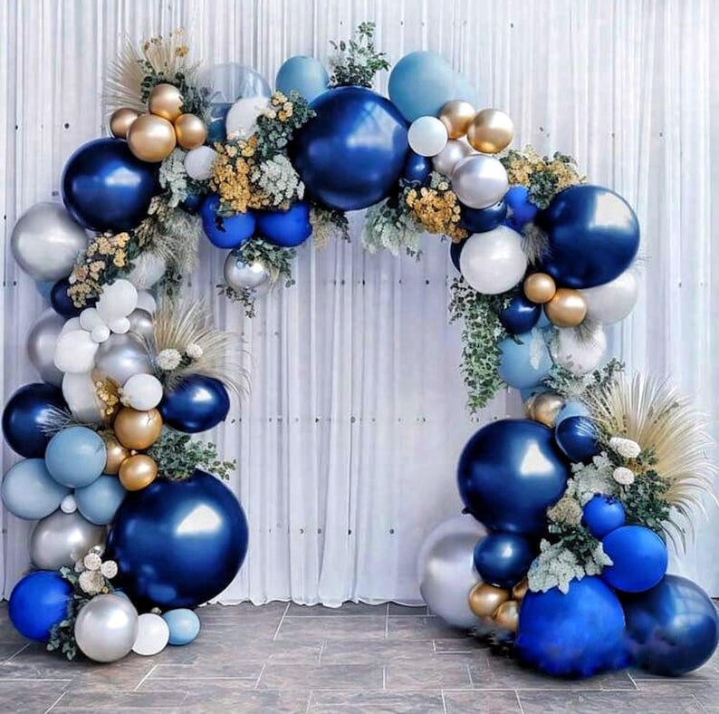 Navy Blue Balloon Garland Kit, Blue White Gold Silver Balloon Arch, Boys Birthday Baby Shower Graduation Party Decor, 128 Pcs Balloon Set