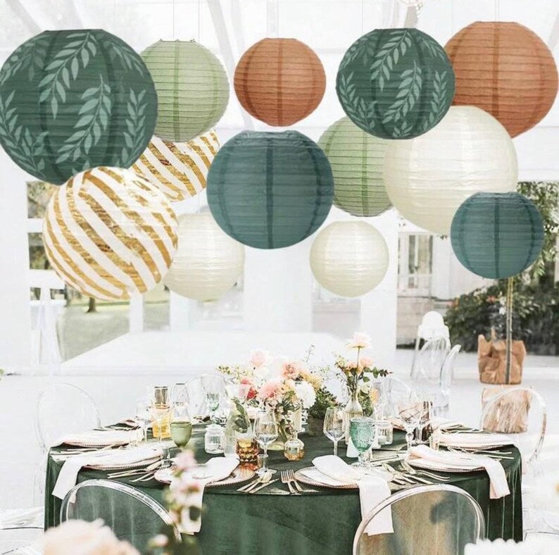 Sage Green and Gold Beige , Olive Green and Gold Party Supplies,Hanging Paper Lanterns Baby Shower , Birthday Party Decorations ,6 PCs