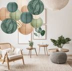 Sage Green and Gold Beige , Olive Green and Gold Party Supplies,Hanging Paper Lanterns Baby Shower , Birthday Party Decorations ,6 PCs