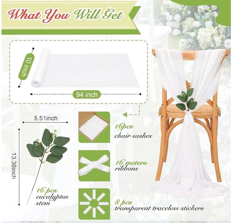 White Chair Sashes Wedding Aisle: 16 Packs Sheer Fabric Chair Cover Decorations for Church Pew Party Outdoor Ceremony Event Chair Draping