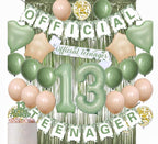 13th Birthday Decorations for Girls Boys, Sage Green Official Teenager Banner 13th Birthday Cake Topper Party Decorations Green Balloons Kit