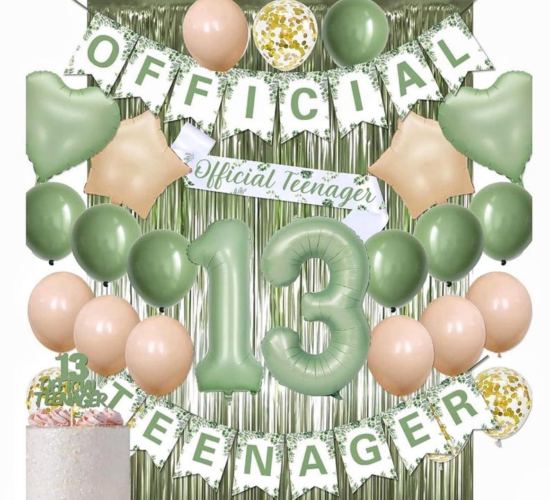 13th Birthday Decorations for Girls Boys, Sage Green Official Teenager Banner 13th Birthday Cake Topper Party Decorations Green Balloons Kit
