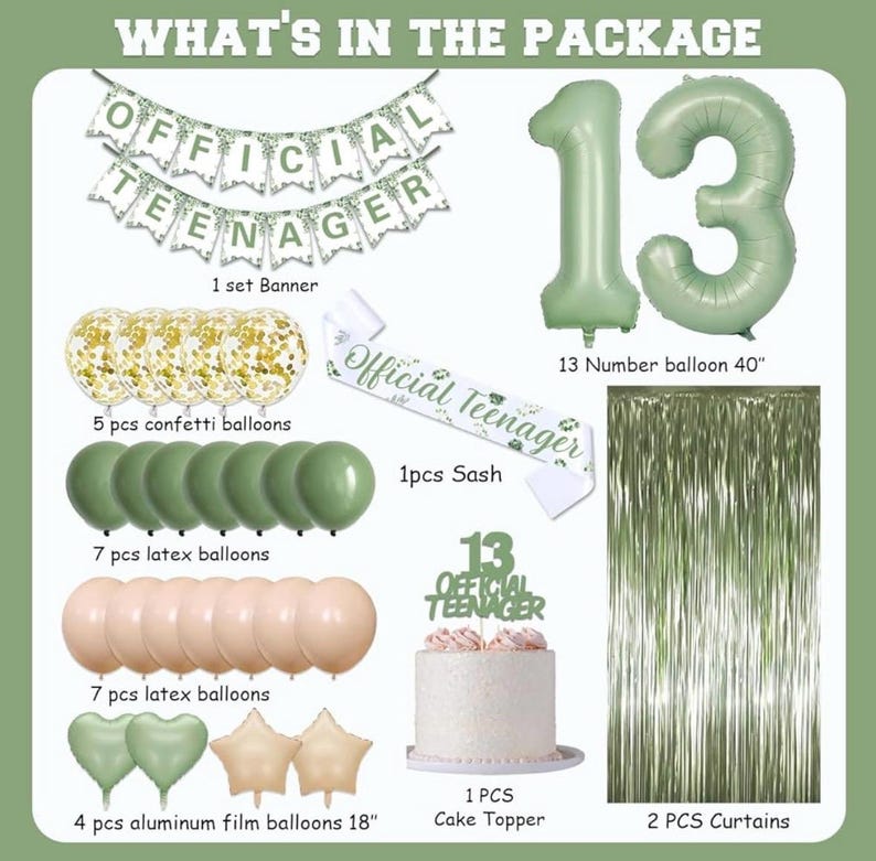 13th Birthday Decorations for Girls Boys, Sage Green Official Teenager Banner 13th Birthday Cake Topper Party Decorations Green Balloons Kit