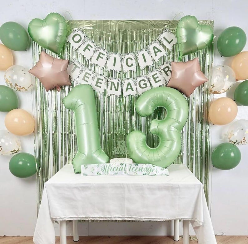 13th Birthday Decorations for Girls Boys, Sage Green Official Teenager Banner 13th Birthday Cake Topper Party Decorations Green Balloons Kit