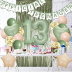 13th Birthday Decorations for Girls Boys, Sage Green Official Teenager Banner 13th Birthday Cake Topper Party Decorations Green Balloons Kit