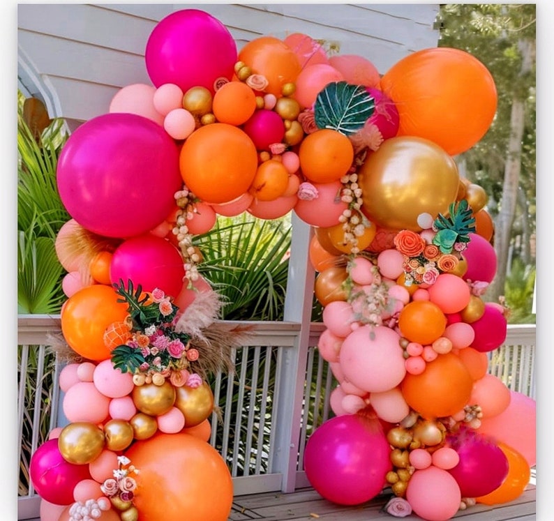 Hot Pink Orange Balloon Garland Matte Orange Pink Gold Metallic Balloons Light Pink Gold Balloon Arch Kit forTropical Luau Wildflower Party