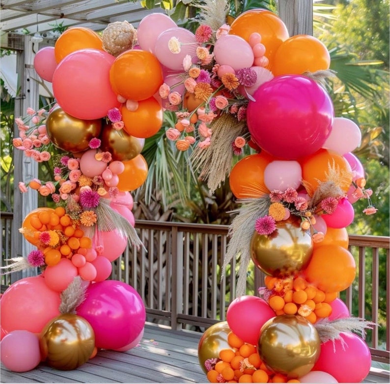 Hot Pink Orange Balloon Garland Matte Orange Pink Gold Metallic Balloons Light Pink Gold Balloon Arch Kit forTropical Luau Wildflower Party