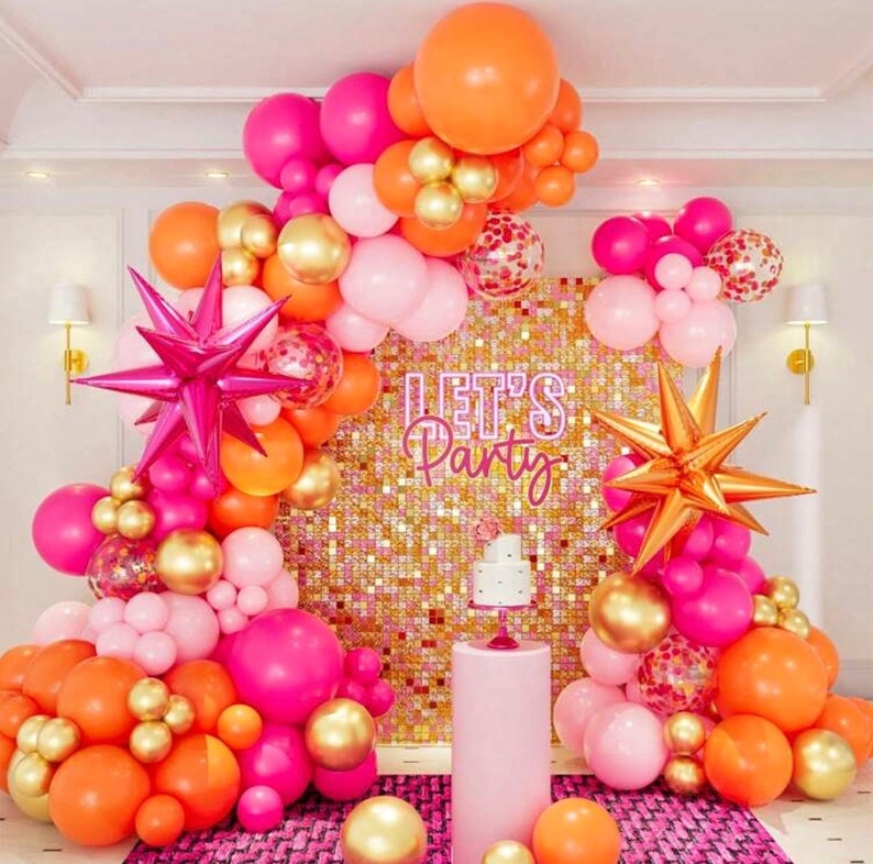 Pink Orange Balloon Garland Arch Kit, 146pcs Hot Pink Orange Metallic Gold Latex Balloons with Hot Pink and Orange Exploding Star Balloon