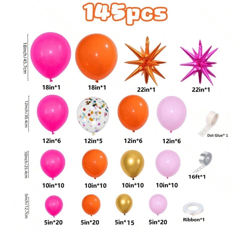 Pink Orange Balloon Garland Arch Kit, 146pcs Hot Pink Orange Metallic Gold Latex Balloons with Hot Pink and Orange Exploding Star Balloon