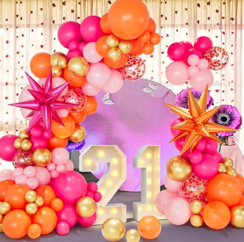 Pink Orange Balloon Garland Arch Kit, 146pcs Hot Pink Orange Metallic Gold Latex Balloons with Hot Pink and Orange Exploding Star Balloon