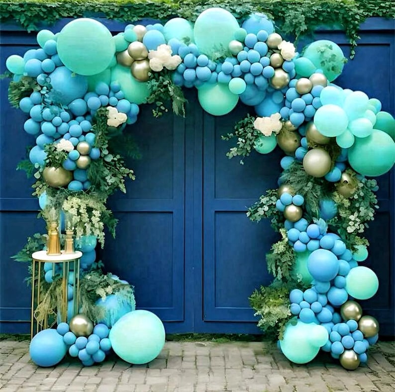Teal Mint Gold Balloon Garland Kit, Blue Green Balloon Arch, Baby Shower Birthday Party Decorations, Elegant Photo Backdrop
