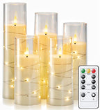Flameless LED Candles with Embedded Star String, 5 Pcs Battery Operated Acrylic Pillar Candles with Timer and Remote, Flickering Candles