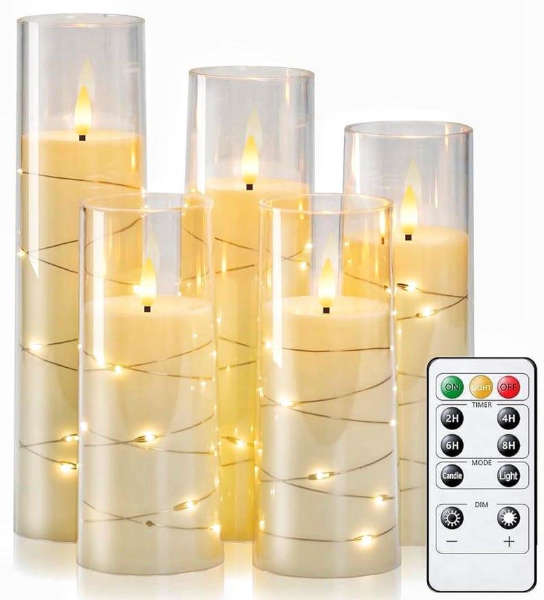 Flameless LED Candles with Embedded Star String, 5 Pcs Battery Operated Acrylic Pillar Candles with Timer and Remote, Flickering Candles