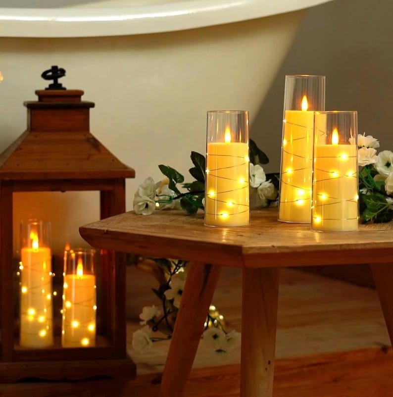 Flameless LED Candles with Embedded Star String, 5 Pcs Battery Operated Acrylic Pillar Candles with Timer and Remote, Flickering Candles