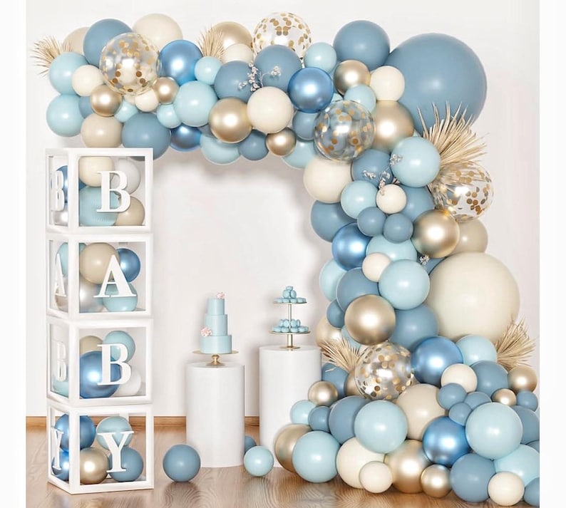 153pcs Dusty Blue Balloon Baby Shower Decorations for Boy with Baby Boxes, Blue Balloon Arch Kit Baby Boxes with Letter (A-Z+Baby)