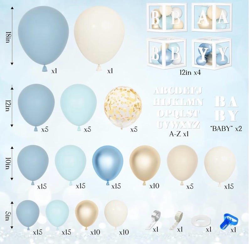153pcs Dusty Blue Balloon Baby Shower Decorations for Boy with Baby Boxes, Blue Balloon Arch Kit Baby Boxes with Letter (A-Z+Baby)