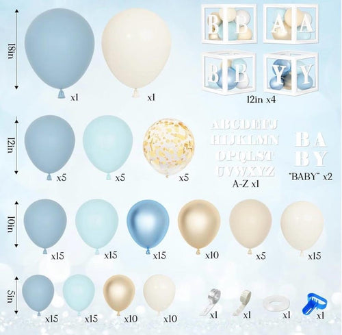 153pcs Dusty Blue Balloon Baby Shower Decorations for Boy with Baby Boxes, Blue Balloon Arch Kit Baby Boxes with Letter (A-Z+Baby)