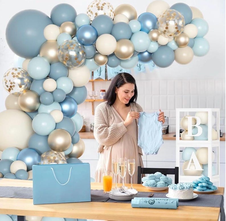 153pcs Dusty Blue Balloon Baby Shower Decorations for Boy with Baby Boxes, Blue Balloon Arch Kit Baby Boxes with Letter (A-Z+Baby)