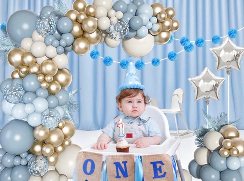 Dusty Blue Balloons Arch Kit, Fog Blue Sand White Champagne Gold Latex Confetti Star Foil Balloon for Baby Bridal Shower Birthday Boho Party