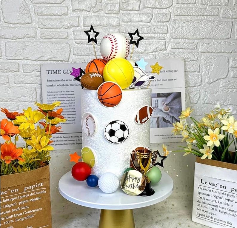 Sports Cake Toppers Sports Cake Decoration with Soccer Football Baseball Basketball Tennis Golf for Boys Men Sports Theme Birthday Party