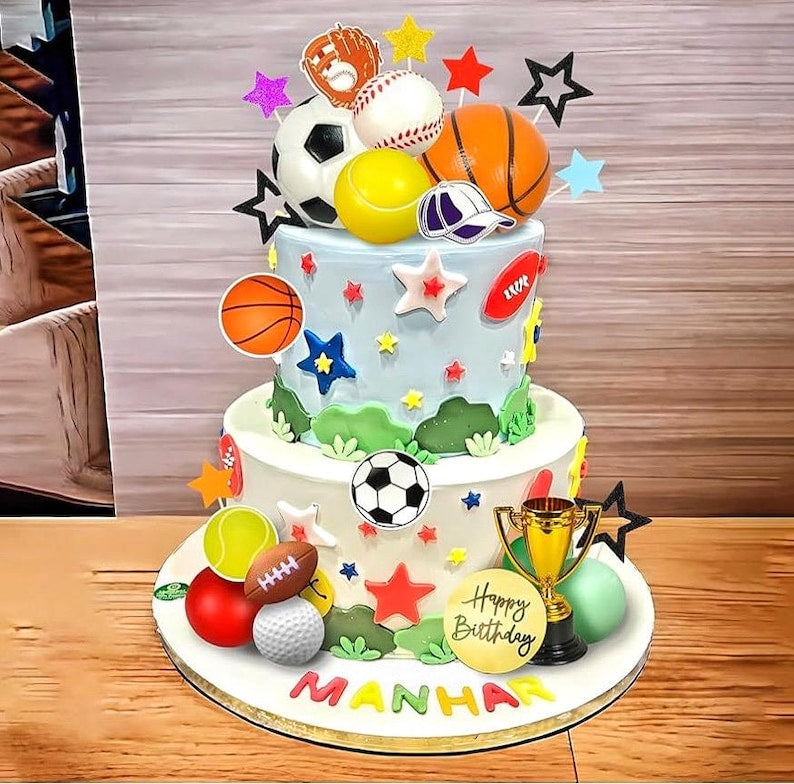 Sports Cake Toppers Sports Cake Decoration with Soccer Football Baseball Basketball Tennis Golf for Boys Men Sports Theme Birthday Party
